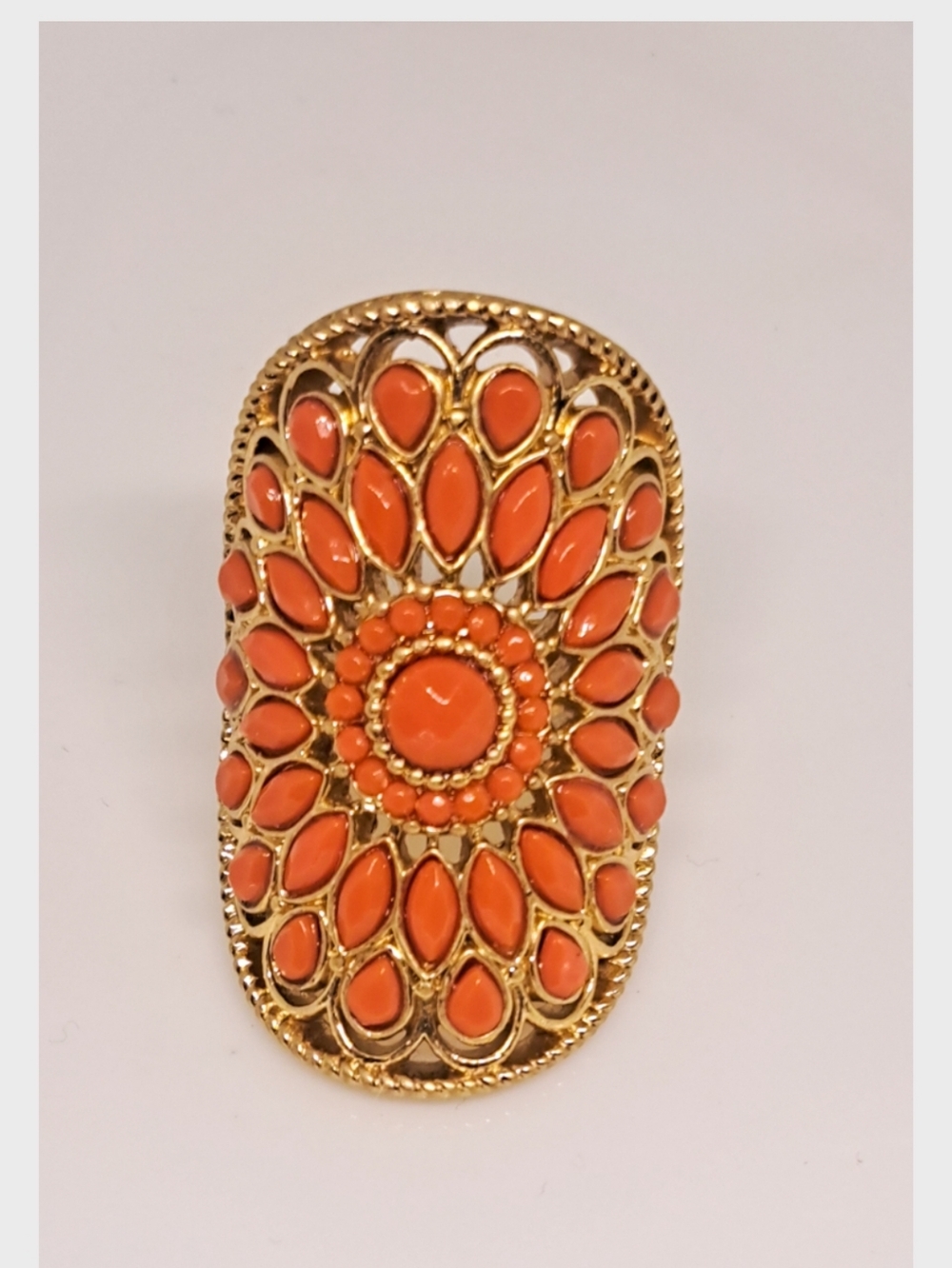 Gold-Tone Orange Floral Bohemian Sunburst Statement Ring Size 9